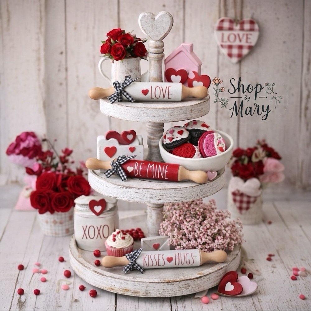 🆕 Set Valentines Day | Farmhouse Mini Rolling Pins | Tiered Tray Decor.